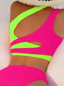 SHEIN Swim Women's Summer Beach Colorblock Neon One Shoulder Bikini Set Bathing Suit