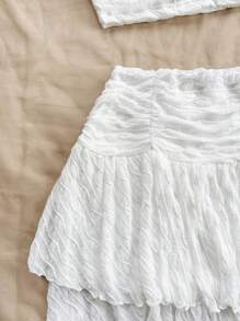 Soleia White Knitted Slim Fit Stretchy V-Neck Spaghetti Strap Top With Open Back And Pleated Double Layer Hem Skirt Women's Romantic Casual Vacation 2-Piece Set,Ladies Sexy Backless,Ruched,Tiered Layer Sleeveless Slim Fit White Skirt Women Two-Piece Outfits,Spring/Summer,Casual Daily Wear - White - View 4