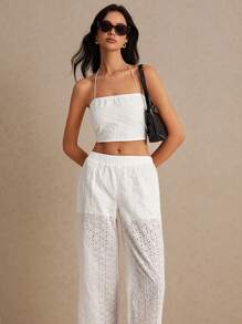 SHEIN Frenchy Embroidered Tube Top And Pants Set, Elastic Back Wrapped Chest, Low Waist Design, Cute Outfit For Casual, Holiday, Music Festivals, And Wedding Season