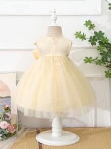 Baby Girls' Pale Yellow Summer Tropical Flower Girl Satin Round Neck Asymmetrical Dress With Big Bow,Beaded Accessories,Mesh Overlay Wedding Party - Apricot - View 2