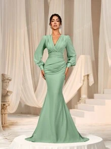 Faeriesty Elegant Cross-Over V-Neck Lantern Sleeve Mermaid Hem Dress - Sophisticated Timeless Design For Spring/Summer Weddings, Galas, Red Carpet Bridesmaid Dress