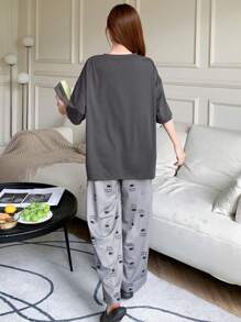 DAZY Conjunto de pijama de manga caída y pantalón para damas con impresión de gato animado - Gris - Ver 2