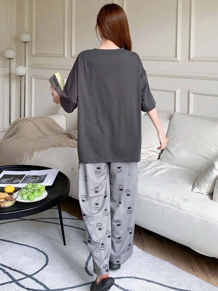 Ladies' Cartoon Cat Printed Drop Shoulder Sleeve T-Shirt And Pants Pajama Set