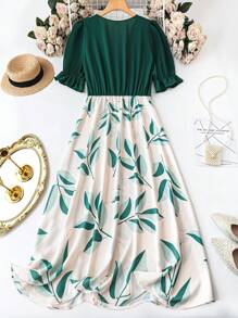 SHEIN Clasi Summer Top Solid Color With Green Leaf Printed Loose Fit Dress With Wide Hem For Plus Size