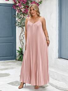 SHEIN Clasi Plus Solid Pleated Swing Cami Dress - Pink - View 3