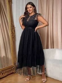 Cravure Plus Contrast Lace Ruffle Hem Mesh Dress Maxi Women Outfit Wedding - Black - View 6