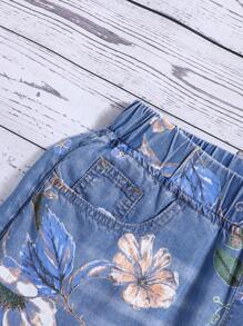 SHEIN Teen Girls Denim Effect Botanical Pattern Blue Washed Denim Soft Baggy Wide Leg Trousers - Medium Wash - View 4