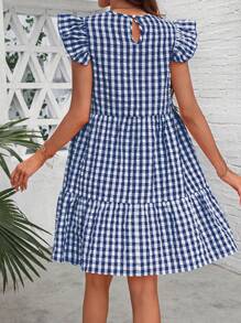 SHEIN LUNE Gingham Print Ruffle Hem Cap Sleeve Smock Dress - Navy Blue - View 2