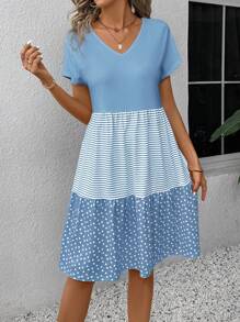 EMERY ROSE Robe d'été décontractée pour femmes à rayures blocs de couleurs et à pois en forme de A