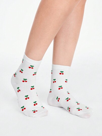 Kawaii 1 par de calcetines lindos hasta la mitad de la pantorrilla con cerezas para mujer, para todas las estaciones