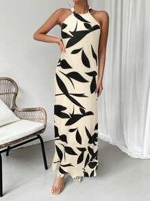 SHEIN Clasi Robe dos nu avec encolure à bretelles en impression de plantes et ourlet à volants