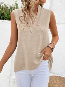 EMERY ROSE Solid Notched V-Neck Sleeveless Button Back Shirt - Khaki - View 4