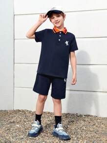SHEIN Leap Crew Tween Boys' Loose Cute Knit Horse Pattern Short Sleeve Polo Shirt And Shorts Set With Turn-Down Collar