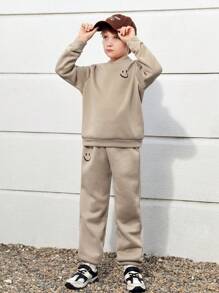 SHEIN Leap Crew Tween Boy Cartoon Face Print Thermal Hoodie & Sweatpants - Khaki - View 6