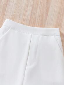 SHEIN 年轻女孩经典正式彼得潘领收腰珍珠纽扣开合长袖西装外套和直腿休闲裤，适合正式场合，春秋冬 - 白色 - 查看 4