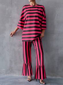 SHEIN Essnce Spring/Fall Oversized Striped Drop-Shoulder Top And Pants - Multicolor - View 5