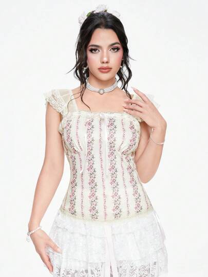 Fairycore Women's Renaissance Court Vintage Lace Trim Bow Knit Slim Fit Top With Silk Ribbon