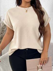 SHEIN LUNE 大码女式纯色纹理短袖插肩袖 T 恤，时尚百搭，休闲 - 杏色 - 查看 1