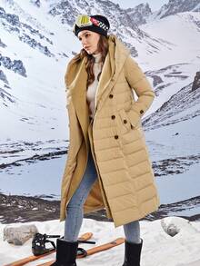 ZIAI 时尚女式连帽梭织面料绗缝大衣，中长款，带贴袋和标准袖 - 駝色 - 查看 4