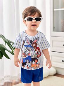 Bubblio Bộ quần short ngắn tay cho bé trai và bé gái mùa hè họa tiết hoạt hình sọc ngắn tay - Nhiều màu - Xem 11