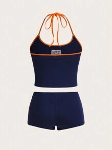 SHEIN ICON Damen Y2K Sommer Outfit aus Sport Colour Block Biker-Core Stickerei Top ohne Ärmel und Shorts mit tailleniederem Bund