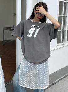 FRIFUL Letter Graphic Contrast Trim Drop Shoulder Tee Oversized T-Shirt - Black - View 3