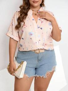 SHEIN LUNE 大尺碼女款花卉印花短袖襯衫，夏季 - 粉色 - 查看 5