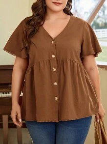 SHEIN LUNE 鉤針蝴蝶袖扣前襯衫 - 棕色 - 查看 3