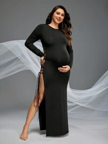 SHEIN Maternity Solid Color Long Sleeve Hollow-Out Slit Dress - Black - View 5