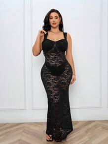 Celure Plus Lace Sleeveless Dress Without Lingerie Set - Black - View 6