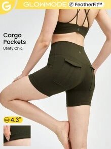 GLOWMODE 4.3" FeatherFit™ Cargo Biker Shorts Anti-Slip With Back Pockets Low Impact Yoga Daily - Army Green - View 1