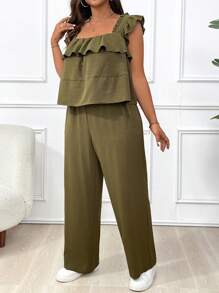 Calvaya Plus Ruffle Trim Top & Wide Leg Pants For Summer - Multicolor - View 3