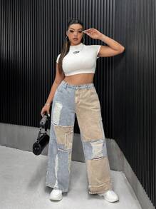 SHEIN ICON Jeans acampanados rasgados de talla grande con bloqueo de color - Multicolor - Ver 4