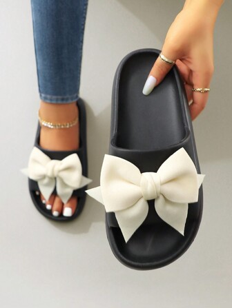 Sweet And Cute Bubble Color Block Bow Slippers For Women, Home/Beach