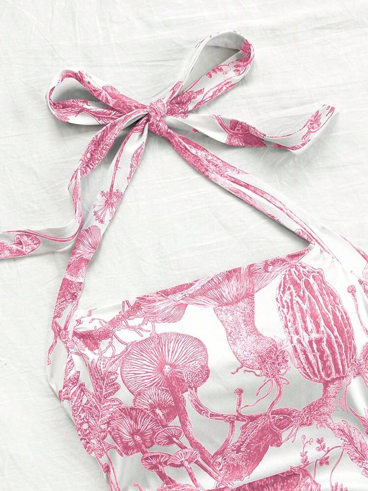 Soleia WYWH Women's Vacation Plant Printed Side-Pressed Pleated Tank Top With Halter - Hot Pink - View 4