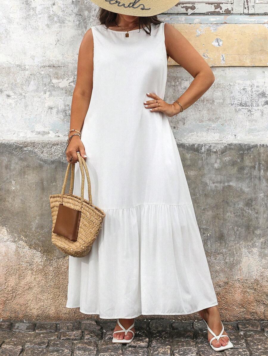 Breezaya Plus Size Sleeveless Long Linen Dress Maxi Women Outfit - White - View 1