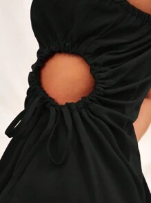 Soleia Vestido evasé romántico de mujer para vacaciones con cuello asimétrico, calado, cordón y pliegues de lino naranja - Negro - Ver 7