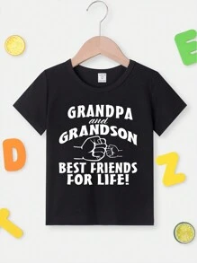 SHEIN Baby Boy Casual Simple Letter Slogan Printed Short Sleeve T-Shirt, Summer - Black - View 3