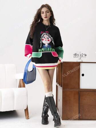 Figure Pattern Colorblock Drop Shoulder Drawstring Hooded Sweater
