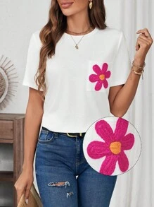 SHEIN LUNE 休閒女款圓領口袋3D花朵白色T恤 - 白色 - 查看 1