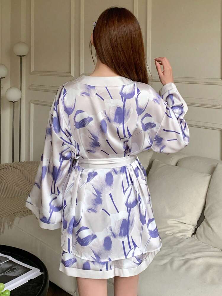 Satin Tulip Print Lapel Robe & Shorts Set For Women Pajama
