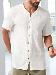 Manfinity VCAY 男士編織V領短袖常規版型休閒襯衫，適用於春夏日常穿著