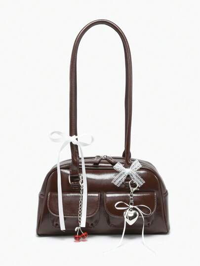 Kawaii Bolso de hombro a cuadros de estilo vintage y lindo para mujeres con lazo, decoración de cereza y corazón, bolso Boston de varios bolsillos, para la escuela