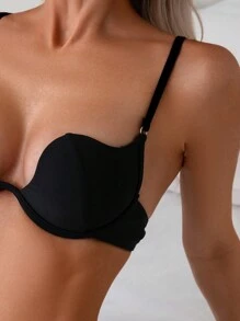 Solid Underwire Bikini For Summer Beach Vacation - Black - View 5