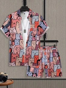 Manfinity Hypemode Men's Printed Single-Breasted Vacation Style Short Sleeve Shirt And Shorts Set