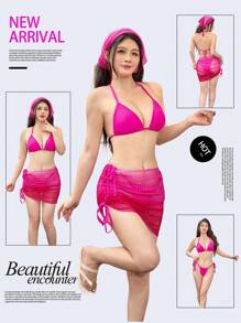 SHEIN Swim Women's Solid Color Halter Neck Bikini Set For Summer Beach, Bra & Bikini Bottom & Cover Up Skirt & Headband, Beach Clothes Bathing Suits Beachwear - Hot Pink - View 9