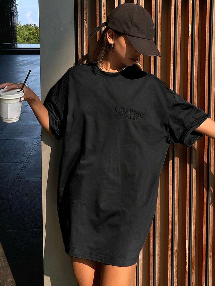 Women's Loose Fit Short Sleeve Oversized T-Shirt With 3D Steel Letter Print And Round Neckline GRAPHIC EST1981 Summer Streetwear Preppy Tops