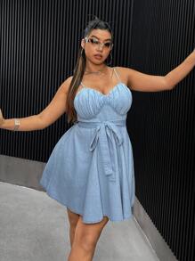 SHEIN ICON Plus Size Women's Denim Overalls Dress With Straps