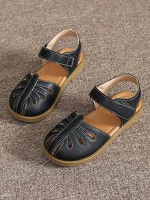 幼兒女童黑色涼鞋，帶魔鬼氈夏季平底封閉式涼鞋 - 黑色 - 查看 2