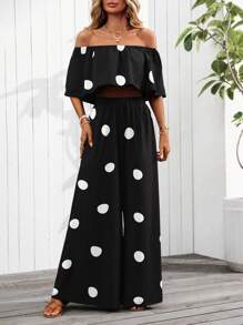 SHEIN Clasi Bộ 2 chiếc áo crop top trễ vai in họa tiết chấm bi và quần ống rộng dáng rộng thông thường (Cắt họa tiết ngẫu nhiên) - màu đen - Xem 4